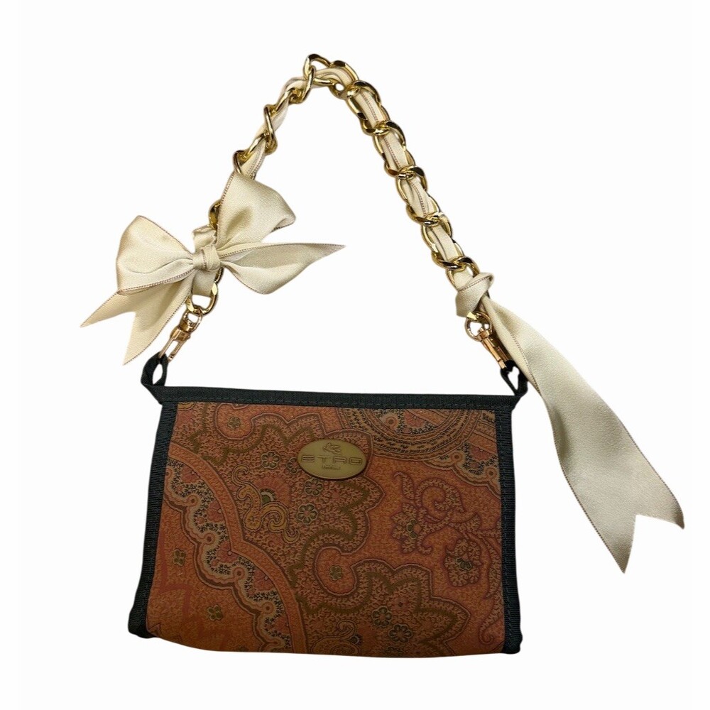 Etro Cosmetic Bag Brown Multicolor Paisley with Removable Gold Chain